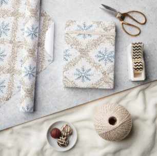 Papel De Presente Flocos de neve de Natal com Creme Azul