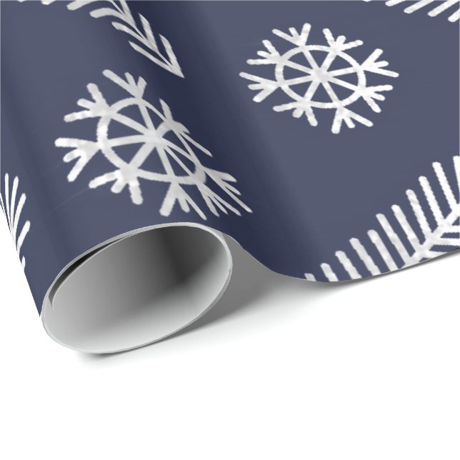Papel De Presente Flocos de neve de Natal com marinho brilhante (Ponta do rolo)