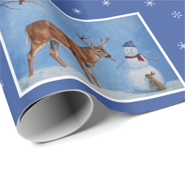 Papel De Presente Flocos de Neve de Natal Deer & Snowman (Ponta do rolo)