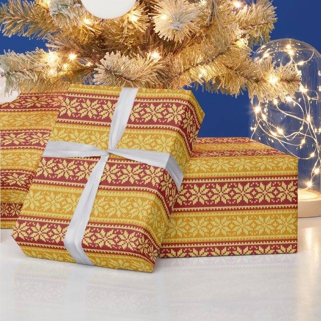 Papel De Presente Flocos de neve de Natal Dourados vermelhos (Feriados)