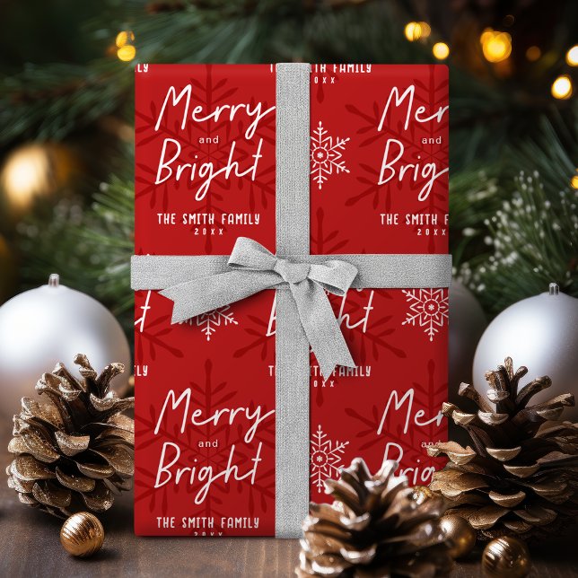Papel De Presente Flocos de Neve de Natal Moderno Alegre e Brilhante (Modern Merry & Bright Script Snowflakes Christmas Wrapping Paper)