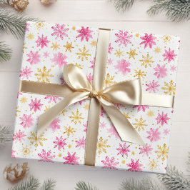 Papel De Presente Flocos de neve de Natal rosa e Dourado