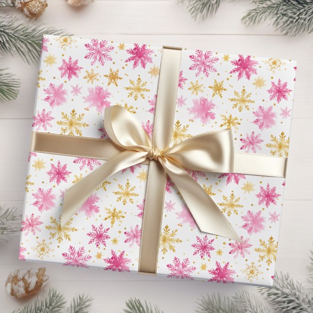 Papel De Presente Flocos de neve de Natal rosa e Dourado (Criador carregado)