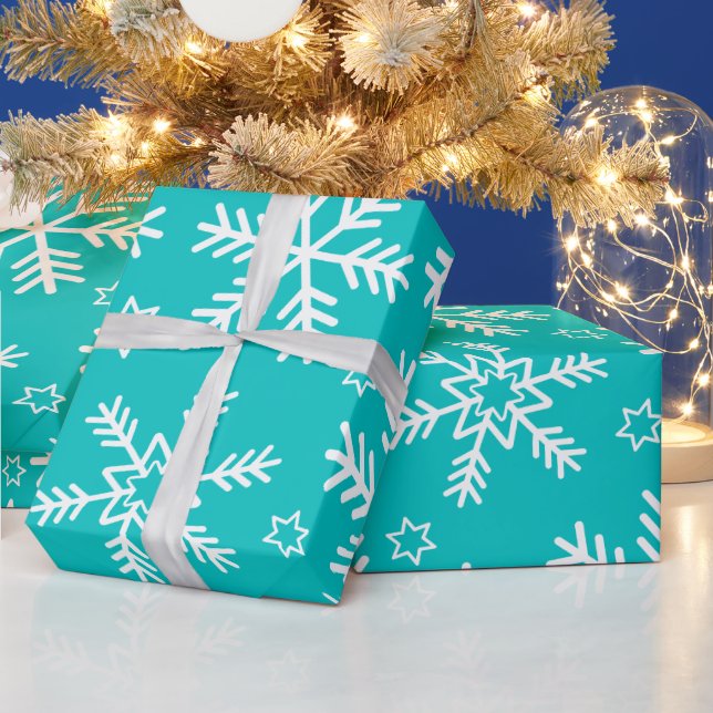 Papel De Presente Flocos de Neve de Natal Turquesa e Branco (Feriados)