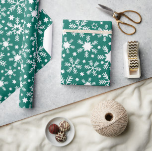 Papel De Presente Flocos de Neve de Natal Verde e Branco de Luxo de