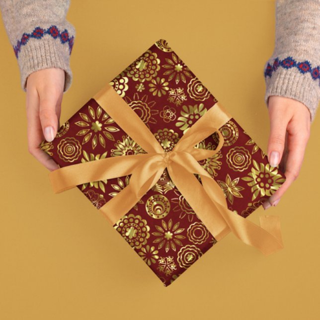 Papel De Presente Flocos de neve de Natal Vermelho e Abstrato Dourad (Criador carregado)