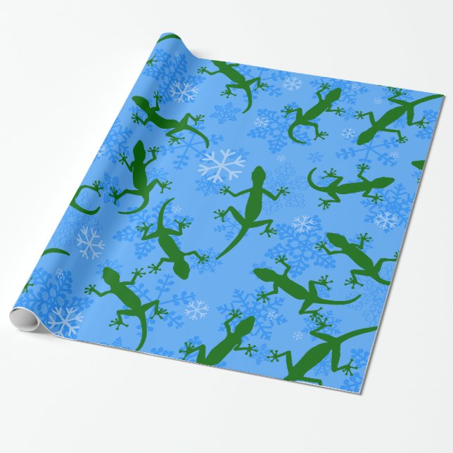 Papel De Presente flocos de neve de répteis da geckos de natal azul (Desenrolado)