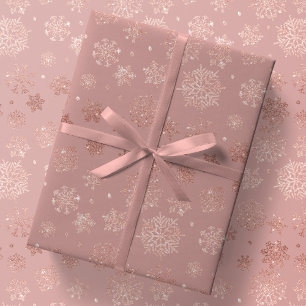 Papel De Presente Flocos de neve Dourados com Rosa metálico em Gift