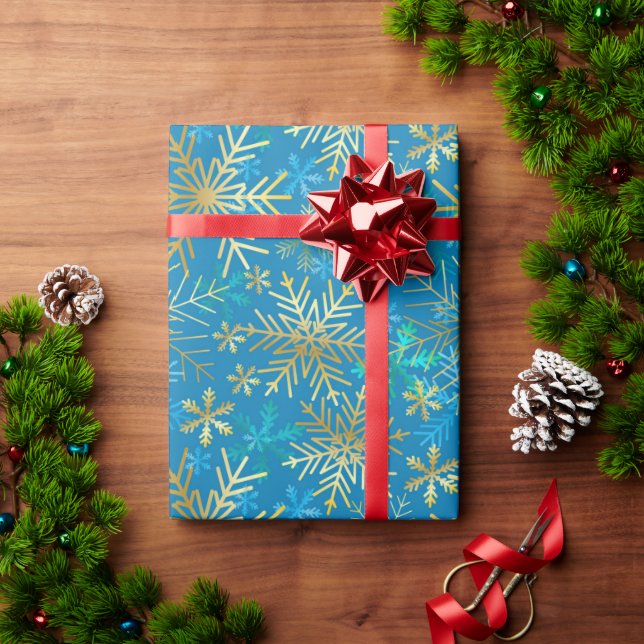 Papel De Presente Flocos de neve Dourados de inverno azul de Prata d (Presente de Natal)