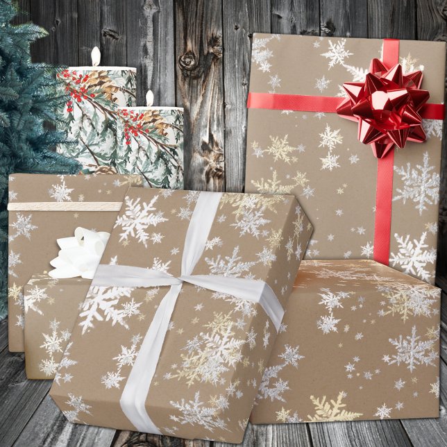 Papel De Presente Flocos de neve Dourados de prata branca russa Kraf (Rustic Kraft White Silver Gold Snowflakes Wrapping Paper
in 6 and 15 foot long 30)