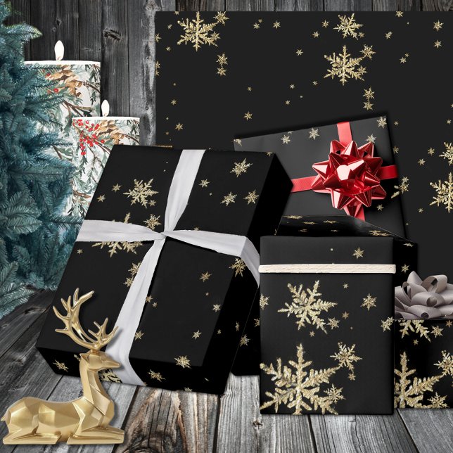 Papel De Presente Flocos de neve Dourados e negros dramáticos em pre (Dramatic Black & Gold Snowflakes On Black Wrapping Paper In 6 & 15 Foot Long 30 Inch Width Rolls)