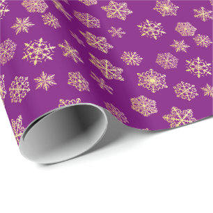 Papel De Presente Flocos de neve dourados em um fundo roxo