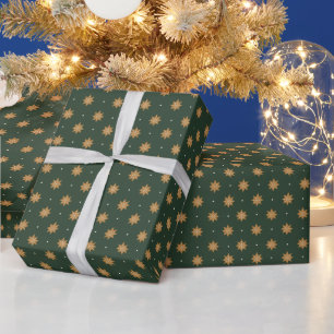 Papel De Presente Flocos de Neve Dourados Verde Escuro Natal Elegant