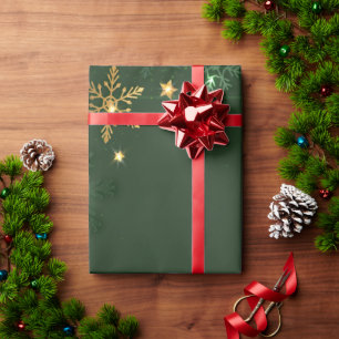 Papel De Presente Flocos de Neve Dourados Verdes Elegantes Feriado