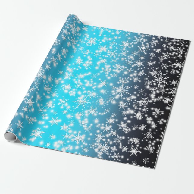 Papel De Presente Flocos de neve e faíscas sobre luz azul (Desenrolado)