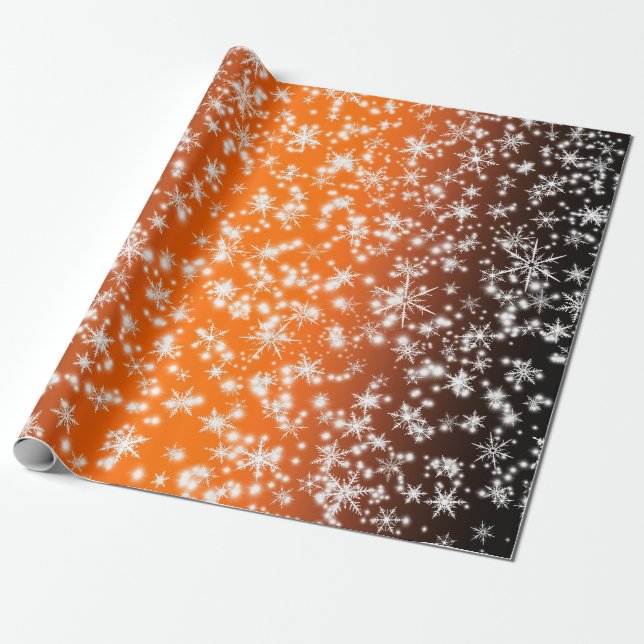 Papel De Presente Flocos de neve e faíscas sobre luz laranja (Desenrolado)
