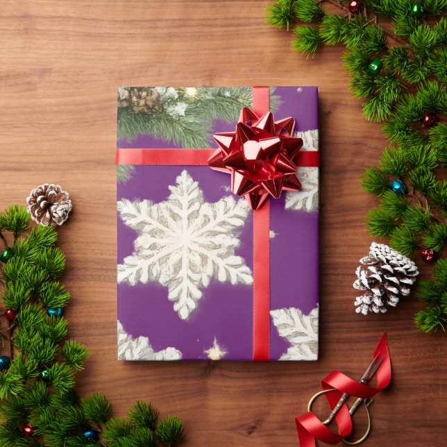 Papel De Presente Flocos de Neve e Galhos de Pinheiro (Presente de Natal)