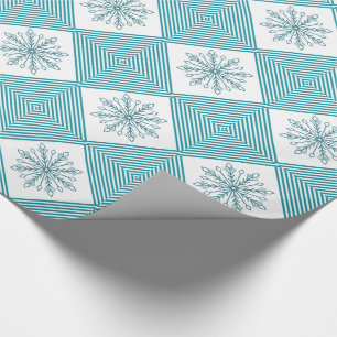 Papel De Presente Flocos de Neve e Listras Brilhantes em Azul Turque