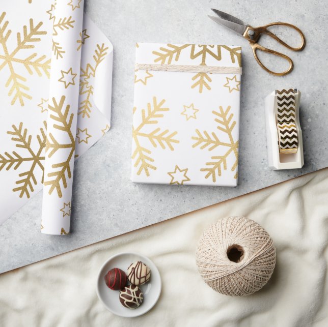Papel De Presente Flocos de Neve Elegantes em Branco e Dourado Natal (Artesanato)