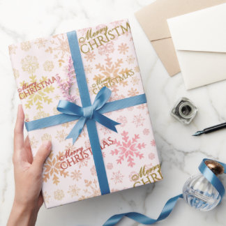 Papel De Presente Flocos de Neve Elegantes Natal Vermelho Dourado