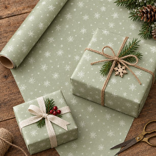 Papel De Presente Flocos de Neve em Branco Marfim em Verde Salvia Cl