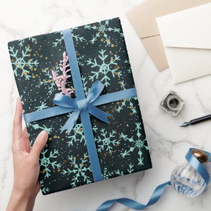 Papel De Presente Flocos de neve espumantes Azul Branco no Céu Negro