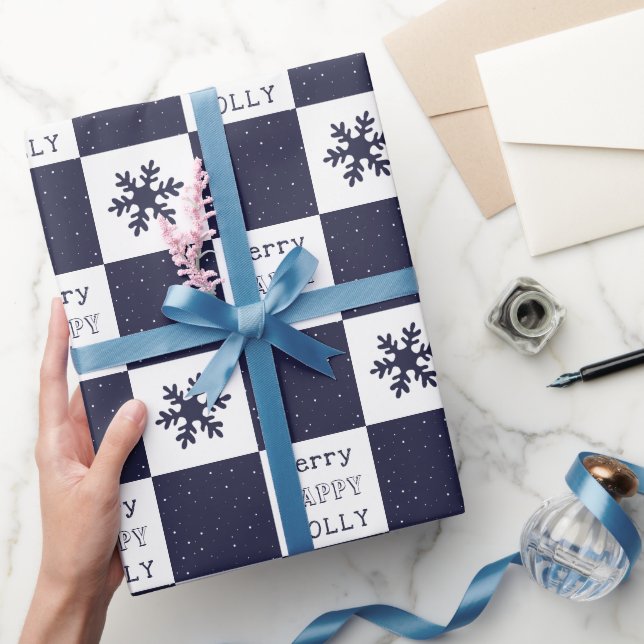 Papel De Presente Flocos de neve felizes com Feliz azul (Presentear)
