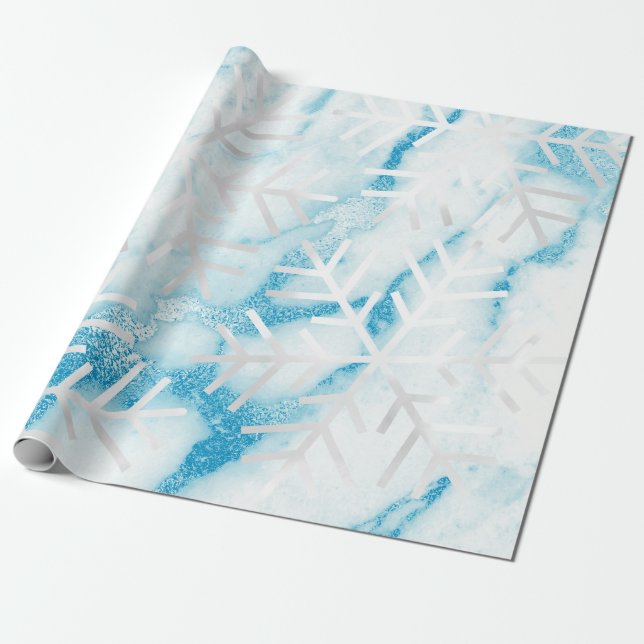 Papel De Presente Flocos de neve Fresca Natal Cinza Azul Marble (Desenrolado)