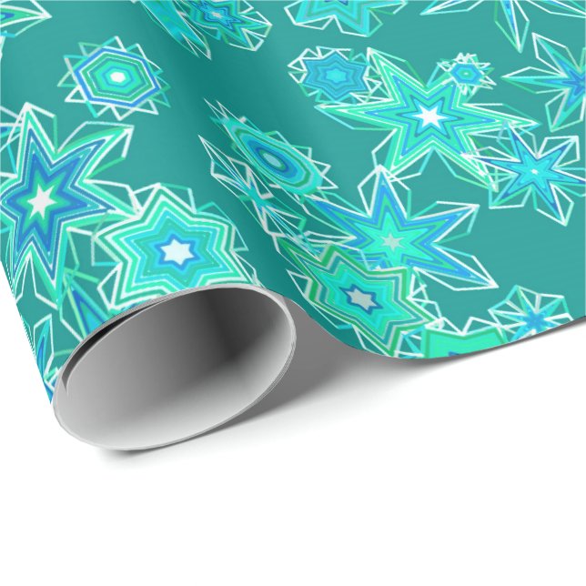 Papel De Presente Flocos de neve geométricos modernos, Turquesa e Aq (Ponta do rolo)