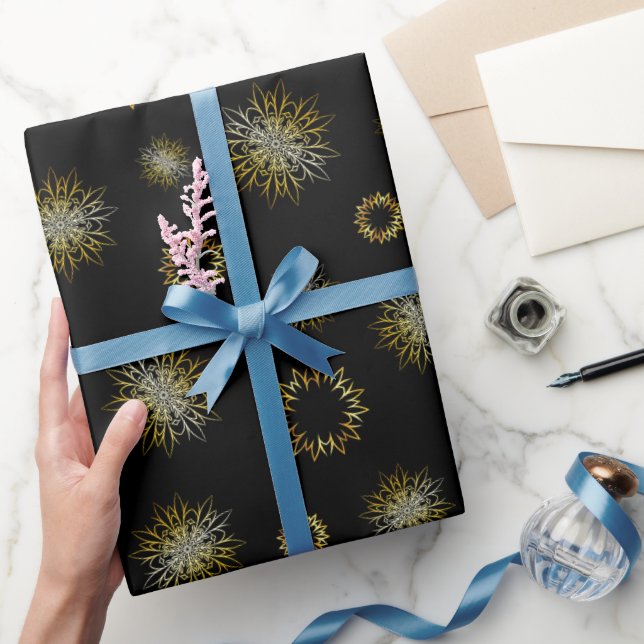 Papel De Presente Flocos de Neve Glam Gold em Preto Meia-Noite (Presentear)