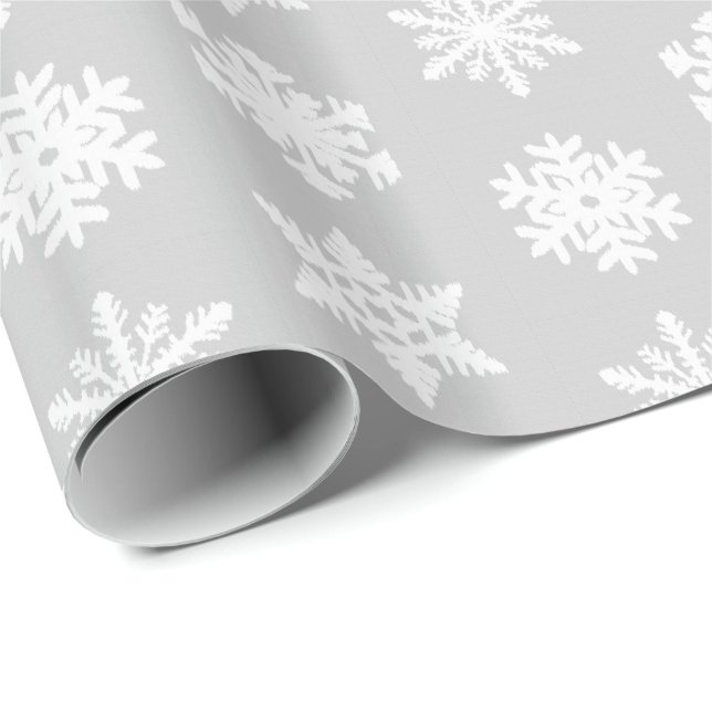 Papel De Presente Flocos de neve Ikat - cinzas de prata e brancas (Ponta do rolo)