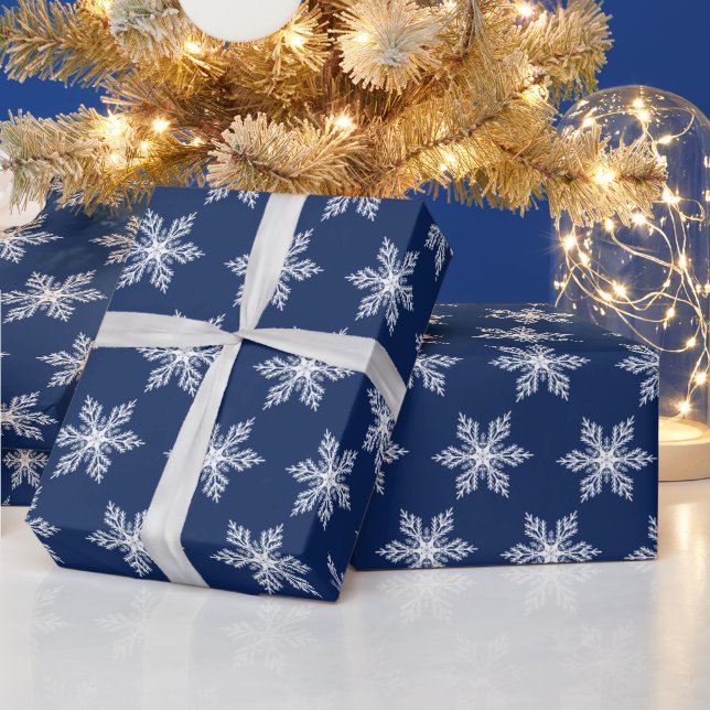 Papel De Presente Flocos de neve Marinho Azul e Brancos do Natal Mod (Feriados)