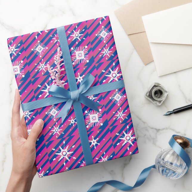 Papel De Presente Flocos de Neve Misturam Azul Rosa Geométrico (Presentear)