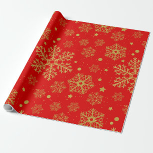 Papel De Presente Flocos de neve ouro em vermelho
