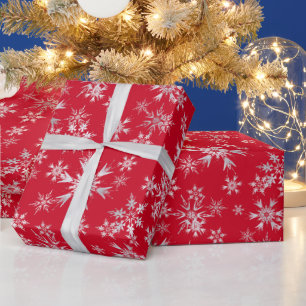 Papel De Presente Flocos de Neve Prata Vermelho Natal
