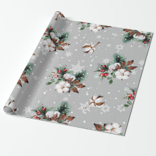 Papel De Presente Flocos de neve prateados, Bolas de algodão, Holly,