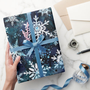 Papel De Presente Flocos de Neve Profundo Azul Mágico Noturno