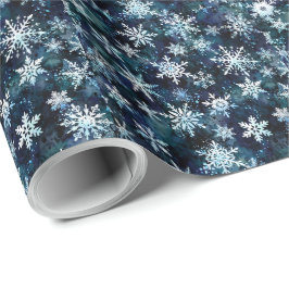 Papel De Presente Flocos de Neve Profundo Azul Mágico Noturno de Inv