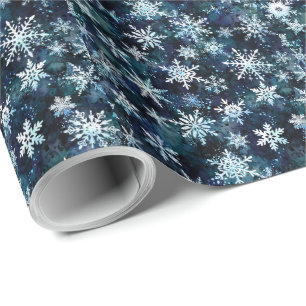 Papel De Presente Flocos de Neve Profundo Azul Mágico Noturno de Inv