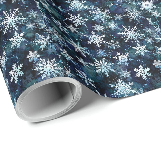 Papel De Presente Flocos de Neve Profundo Azul Mágico Noturno de Inv (Ponta do rolo)