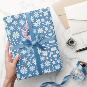 Papel De Presente Flocos de neve repetindo padrão branco azul