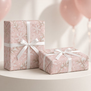 Papel De Presente Flocos de Neve Rosa Branca Ramos Invernais Inverno