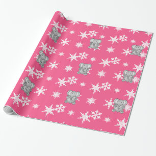 Papel De Presente Flocos de neve rosas, elefantes, brancos