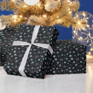 Papel De Presente Flocos de neve roxos brancos prateados Natal preto