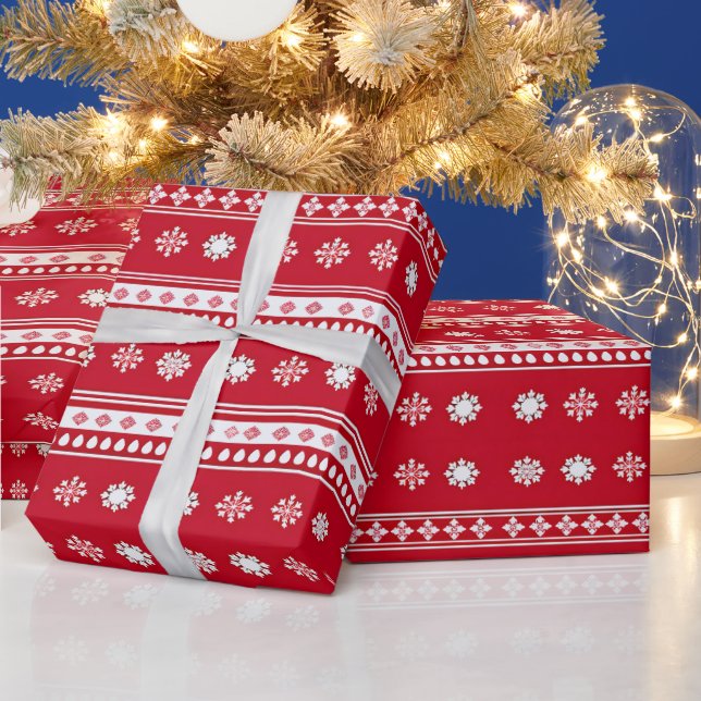 Papel De Presente Flocos de neve vermelhos e brancos Natal moderno (Feriados)