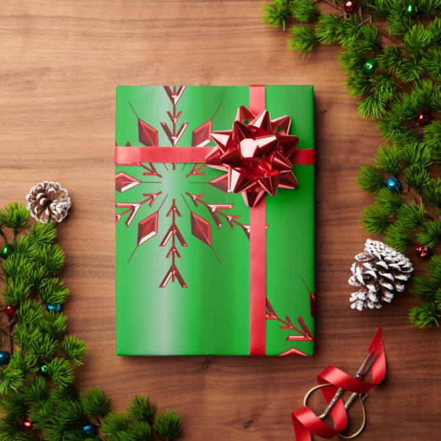 Papel De Presente Flocos de neve vermelhos no Natal verde (Criador carregado)