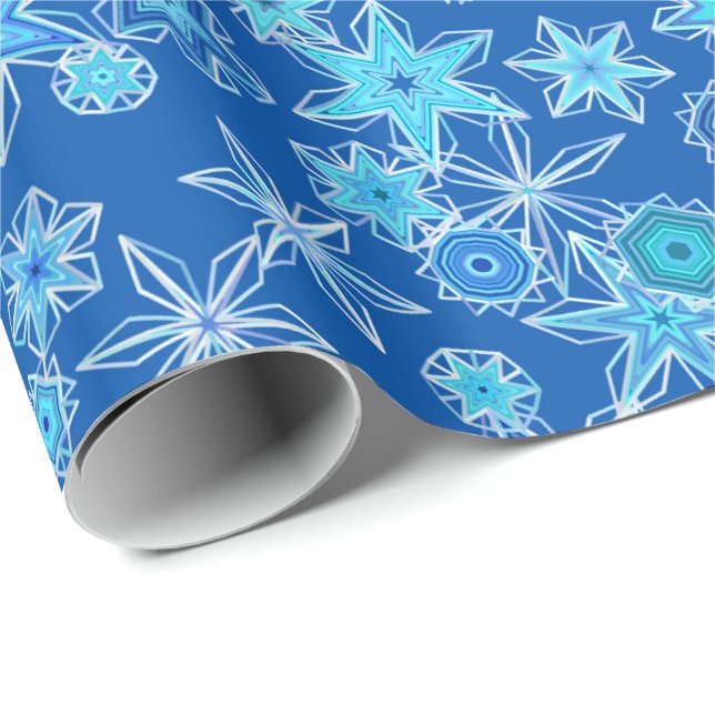Papel De Presente Flocos Geométricos Modernos de Neve, Azul Espirro (Ponta do rolo)