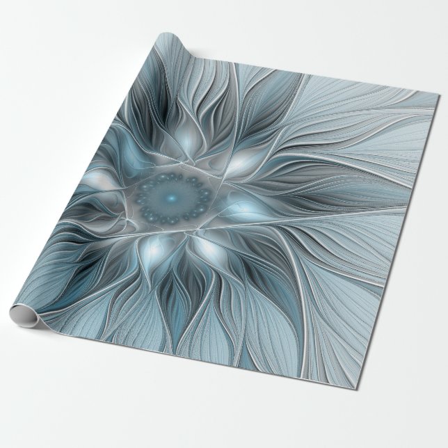 Papel De Presente Flor Abstrata Alegre Azul Cinza Fractal Floral (Desenrolado)