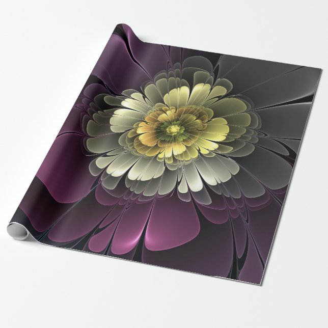 Papel De Presente Flor Abstrata Moderna Purpur Khaki Cinza Fractal (Desenrolado)