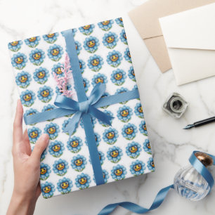 Papel De Presente Flor Azul Alegre Arte de Desenho Animado Feliz